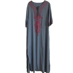 Blue Pink Embroidered Boho V-Neck Tie Lounge Maxi Dress Women One Size